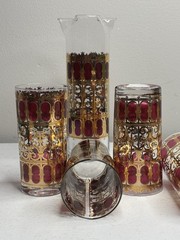 Vintage MCM Culver Cranberry Scroll 22Kt Told Filigree Highball 6 & Pitcher
