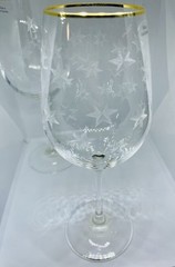 2 Vintage Etched Glass Atomic Star Burst Wine Glasses MCM Czech Gold Tone Trim