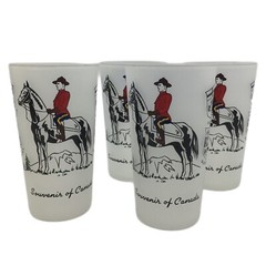 Tumbler Set 4 Canadian Royal Mounties Frosted Glass Souvenir of Canada Barware