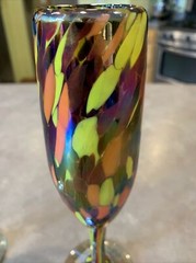 Lot of 2 Mexico Art Glass Champagne Flute Goblet Mottle Iridescent Stemware READ
