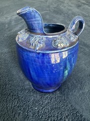 Antique Late 1800s Delicate Blue Drip Glaze Ceramic Pitcher