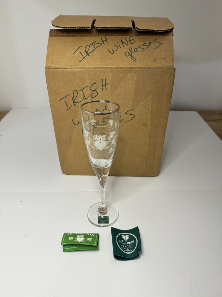 Vintage Eamon Glass Ireland Hand Etched W/Shamrocks Glasses Irish 6 Pcs Open Box