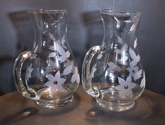Large Clear Glass Pitchers with Etched Floral Pattern (Set of 2)
