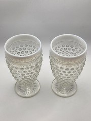 2 Moonstone Opalescent Hobnail Glasses White Rim By Anchor Hocking Vtg