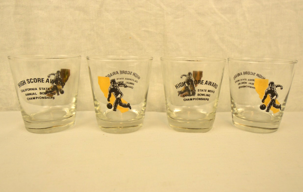 Vintage Lilly Highball Glasses Ca Bowling Assoc State Champ Award Set of 4 NIB