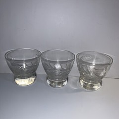 Vintage Set Of 3 Wheat Etched Low Ball Glasses 3” High MCM Heavy Round Bottom