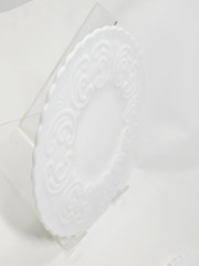 Pair Imperial Glass Milk Glass Scroll Dinner Plates – 9 1/2″ Rare