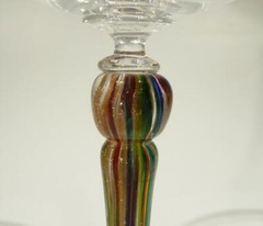 HAND BLOWN GLASS GOBLET, DIRWOOD GLASS, CLEAR + GOLD RED BLUE SPARKLES, n3653