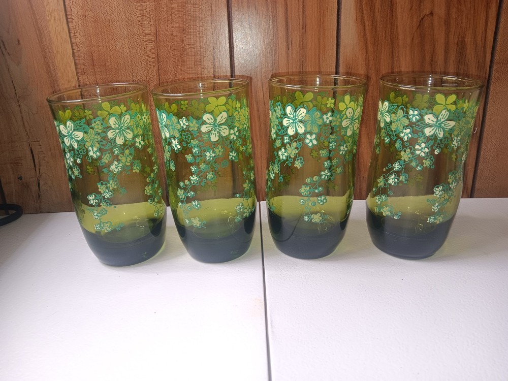 (4) Green Floral Tumbler Glasses Mid Century Modern 5.25 Inch 60s 70s