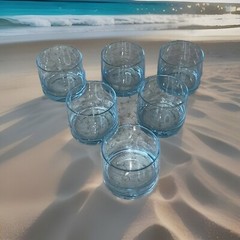 6 SMALL Light BLUE RETRO Style Lowball GLASSES 3” TALL Cool Barware