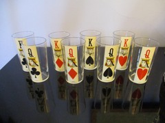 Set 8 Vintage MCM Enamel Poker Playing Cards Highball Cocktail 1942 Bar Glasses!