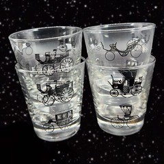 Vintage Libbey Horseless Carriage Whiskey Tumbler set 4 Low Ball Barware Glasses