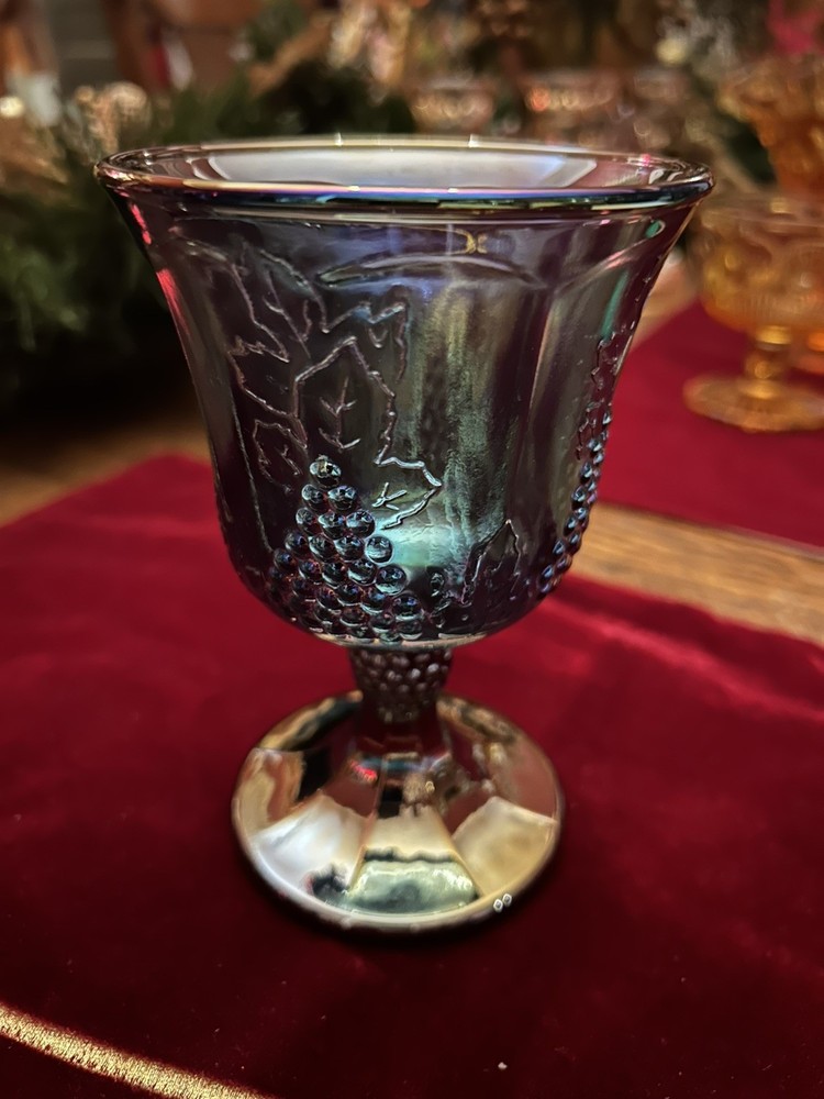 Vtg Indiana Harvest Grape Iridescent Blue Carnival Glass Goblet 5 1/2 In Tall