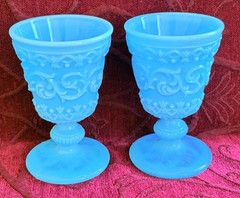 Pair of Vintage Ivima Portugal Turquoise Blue Milk Glass «Scroll» Goblets – Rare