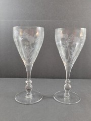 2 Ambassador Sears Water Goblets Etched Gray Cut Floral Ball Stem Optic 7 3/4″