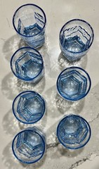 x7 Vtg Libbey Chivalry Lt Blue Juice Glasses Textured Hexagon Panel Signed 3.75″