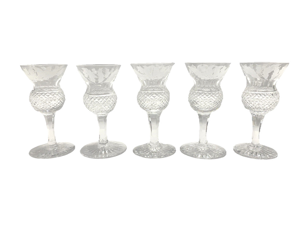 EDINBURGH CRYSTAL THISTLE CORDIAL GLASSES SET 5 w 2 SET AVAIL VTG ACID ETCH MARK