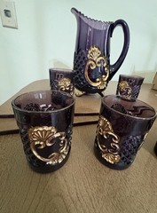 EAPG RIVERSIDE GLASS AMETHYST GOLD DÉCOR. CROESUS WATER SET PITCHER 6 TUMBLERS