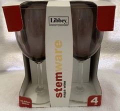 4 Libbey Stemware Napa Wine Glasses Amethyst Plum Goblets Clear Beveled Stem NEW