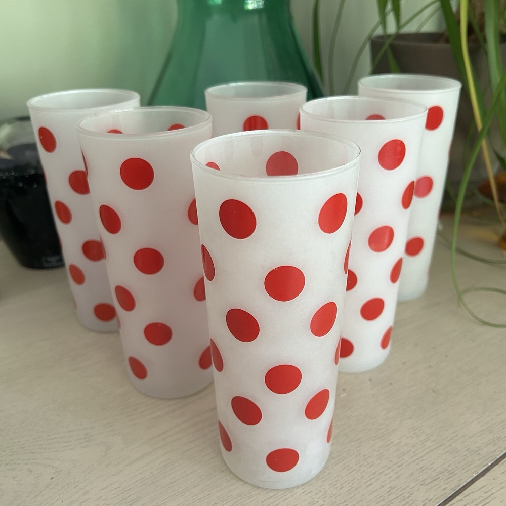 Vintage Red Polka Dot Frosted Glass Tumblers MCM Set Of 6 Anchor Hocking?