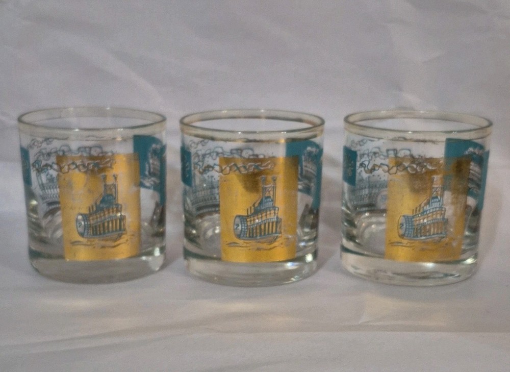 3 Mid Century Gold Teal Riverboat Southern Comfort Old Fashioned Lowball Glasses