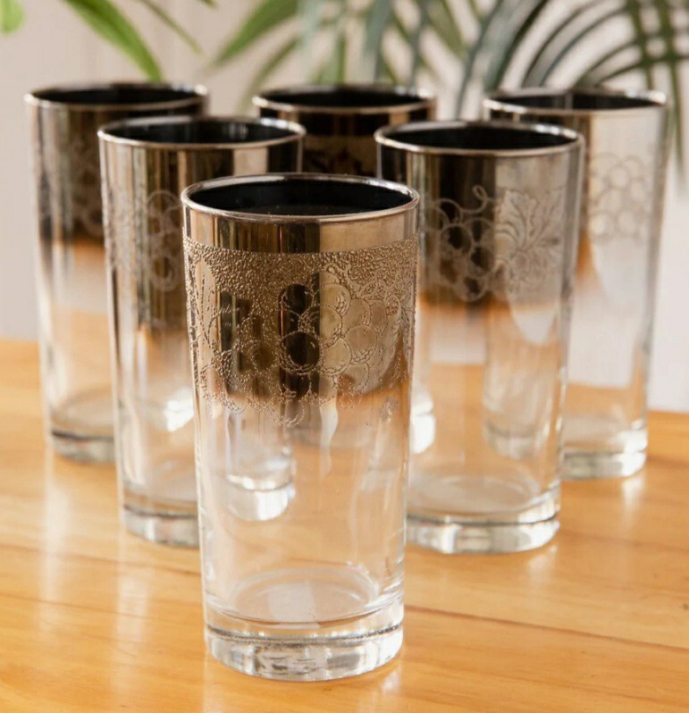 Set of 7 Vintage Dorthy Thorpe Ombre Lusterware Etched Grapes 12oz Flat Tumblers