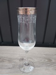 VTG Platinum Silver Rimmed Fluted & Etched Crystal Champagne Glass 8″ – Set 3