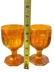 2 Vtg Imperial “ Colonial” Pattern Carnival Glass Footed Goblets Marigold 6”