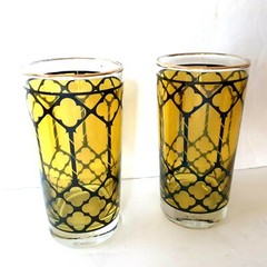Mid-Century Libbey Tumbler Glasses Yellow & Black in Metal Caddy 8-Set Vintage