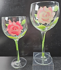 2 Block Vintage Rose Balloon Wine Glasses Mix Set Floral Hand Painted Flower Lot