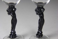 2 CAMBRIDGE Glass Company Ebony Black Statuesque Nude Stem Cocktail Wine Glasses