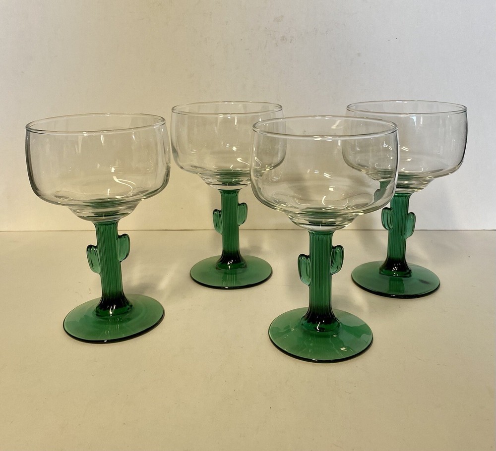Set Of 4 Saguaro Cactus Green Stem Margarita Glasses Clear Top 10 oz 6 in