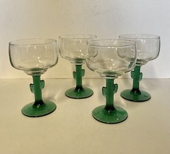 Set Of 4 Saguaro Cactus Green Stem Margarita Glasses Clear Top 10 oz 6 in