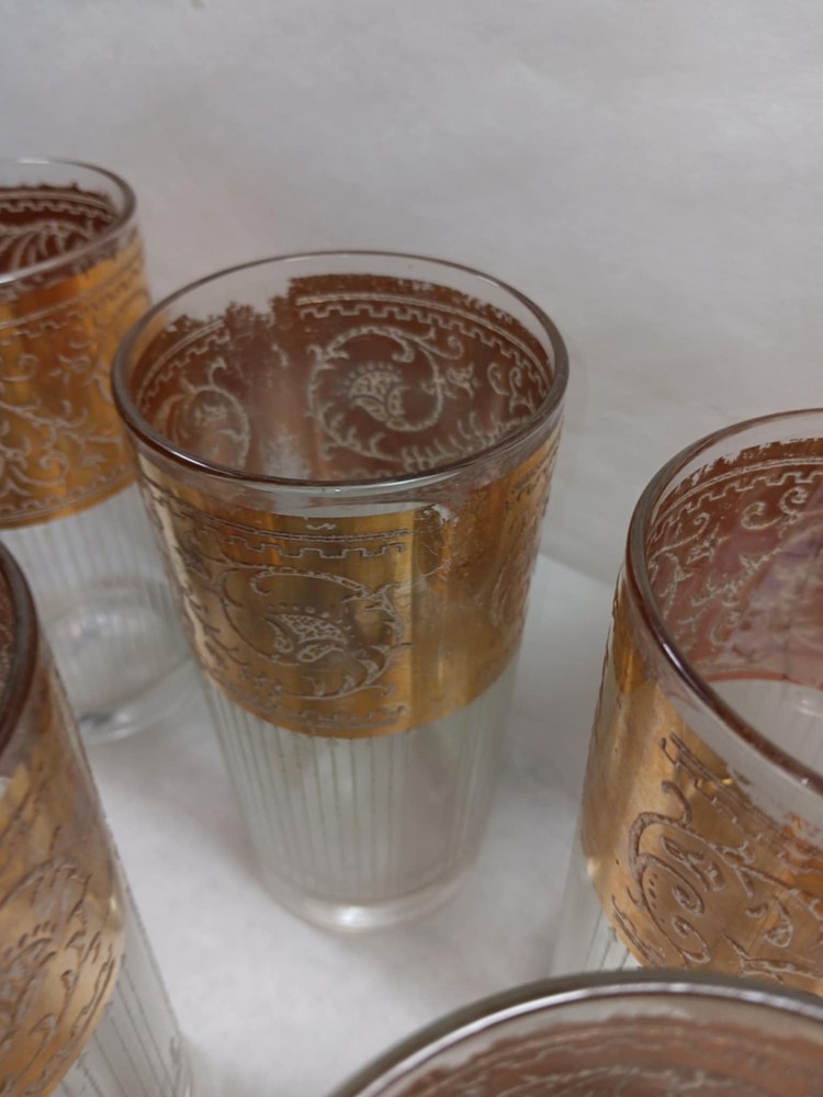 CULVER Starlyte 6 VTG Highball Cocktail Glam Glasses Ornate 22K Gold Bands MCM