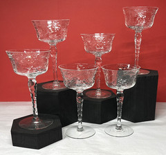 Set of 6 Vintage Bohemian Cut Crystal Cordial Glasses Faceted Stem Leaf & Panel