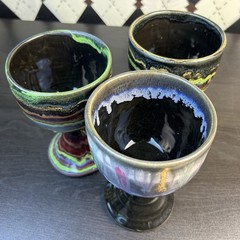 Signed D. Lesser Studio Pottery Goblets, Stoneware Set of 3, 6 Inches Tie & Dye