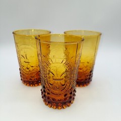 3 Anthropologie Fleur De Lis Amber Beverage Juice Tumblers Glasses 4 1/2″ 12 oz