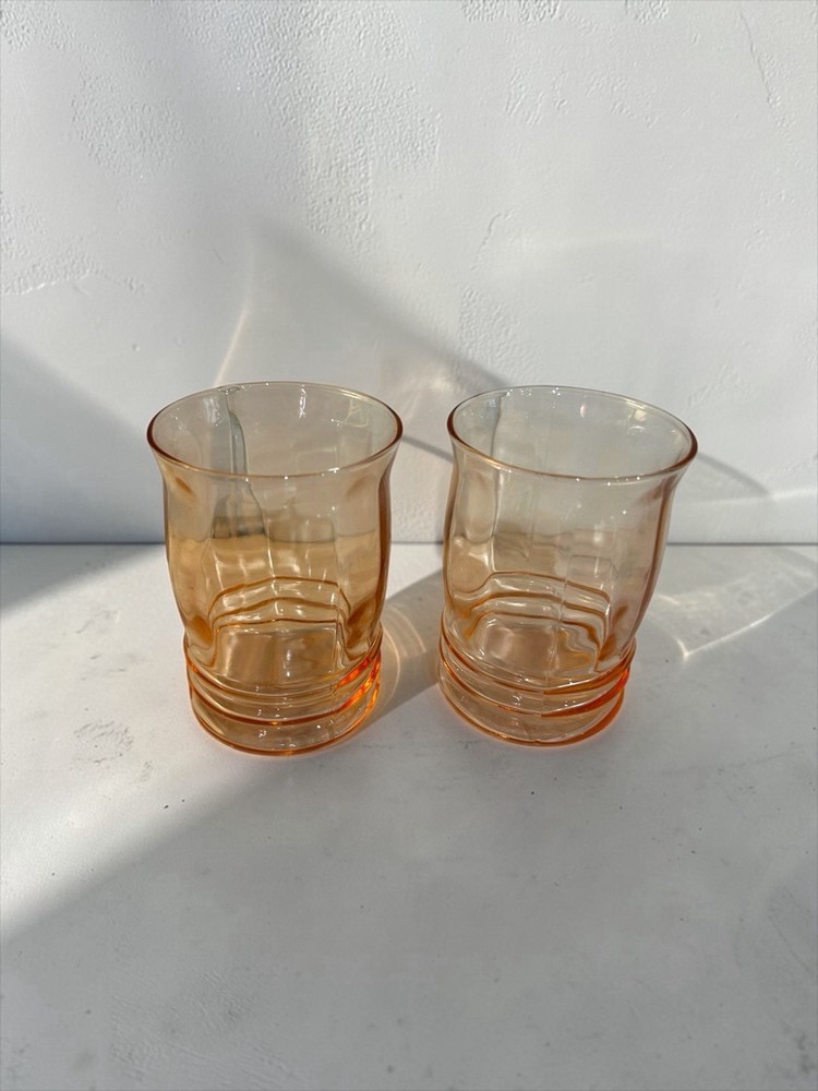 2 Vtg Macbeth Evans 1930s Pink Depression Rib Optic Pillar 4.5″ Tumblers Glasses