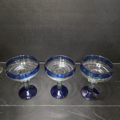 Set 3 Blue Art Glass Goblets 6.5″ Pedestal Cocktail Dessert Cups Vintage