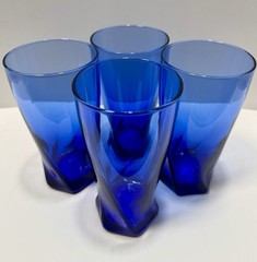 Vintage Set of 4 Anchor Hocking Sybil Cobalt Blue Twisted Hexagon Base Glasses