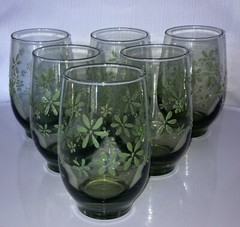 Set of 6 Libbey Mint Bouquet Glass Tumblers Vintage Avocado Green Retro Embossed