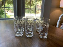 Vintage Etched Geometric Design 5” Clear Glass Tumblers, Set Of 6 Glasses