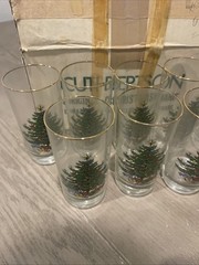 🎄​8 VTG CUTHBERTSON Christmas Tree 12 oz Tumblers Glasses, Gold Rim, 5.5″​ BOX