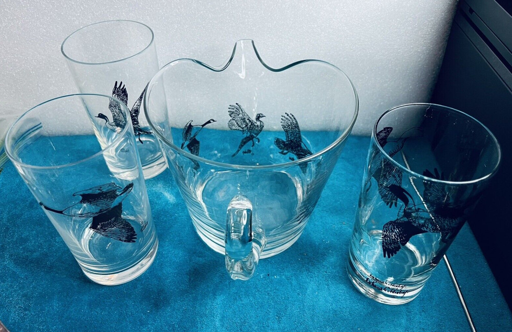 Richard E Bishop Fly Waterfowl 3 Cocktail Bar Tumblers 5.5″ tall handled pitcher