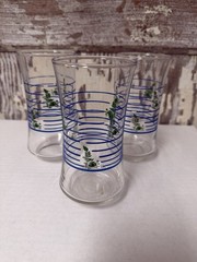Set of 3 Vintage (Maybe Libbey?) Tumblers Blue Stripes and Green Flowers