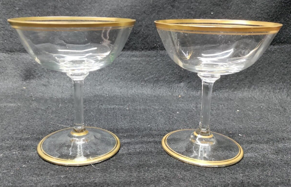 PAIR TIFFIN FRANCISCAN GOLD EDGES GLASS SHERBET STEM WARE 4 1/4» TALL