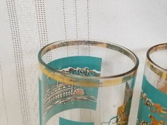 Vintage MCM 1960s Libby Highball Steam Boat Paddle Ship Glasses Turquoise Gold