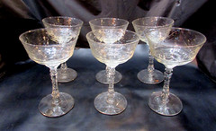 Six Clear Patterned Libbey Rock Sharpe Normandy 3005 Long Stem Champagne Glasses