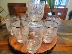 Vtg Viking Scandanavian Pheasant Scroll Basket Weave Silver Rim Bar Glass Set/7