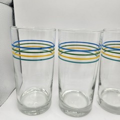 Set Of 4 – Vintage 6″ Striped Tumblers Glasses Blue Green Yellow Teal Stripes